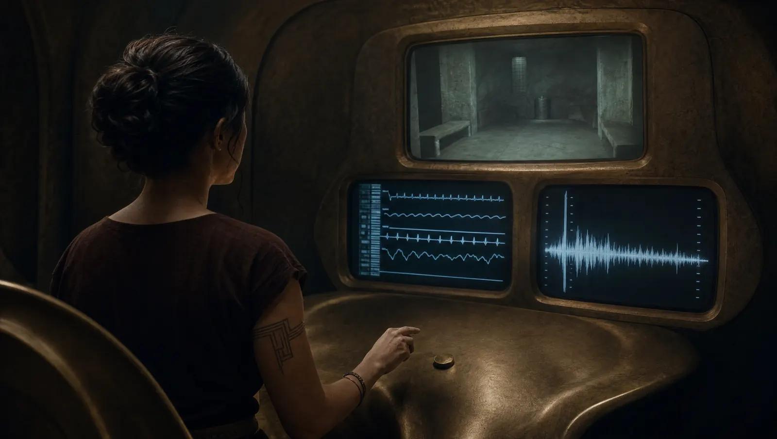 An analyst at a brass console watches a wall of screens showing a corridor and a waveform
