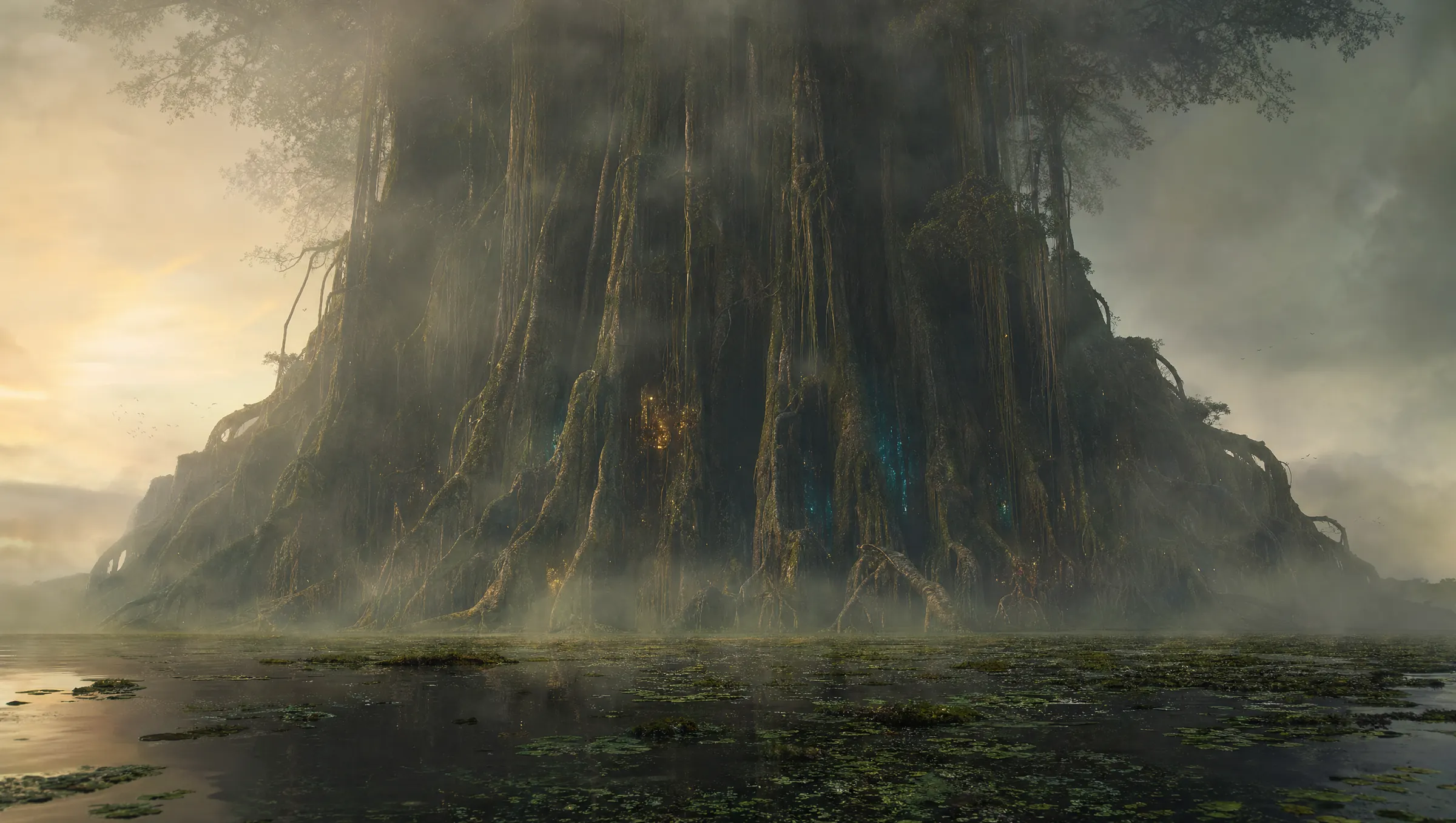 The Mangrove and the First Sapling: a colossal tree rising out of still water in dawn mist