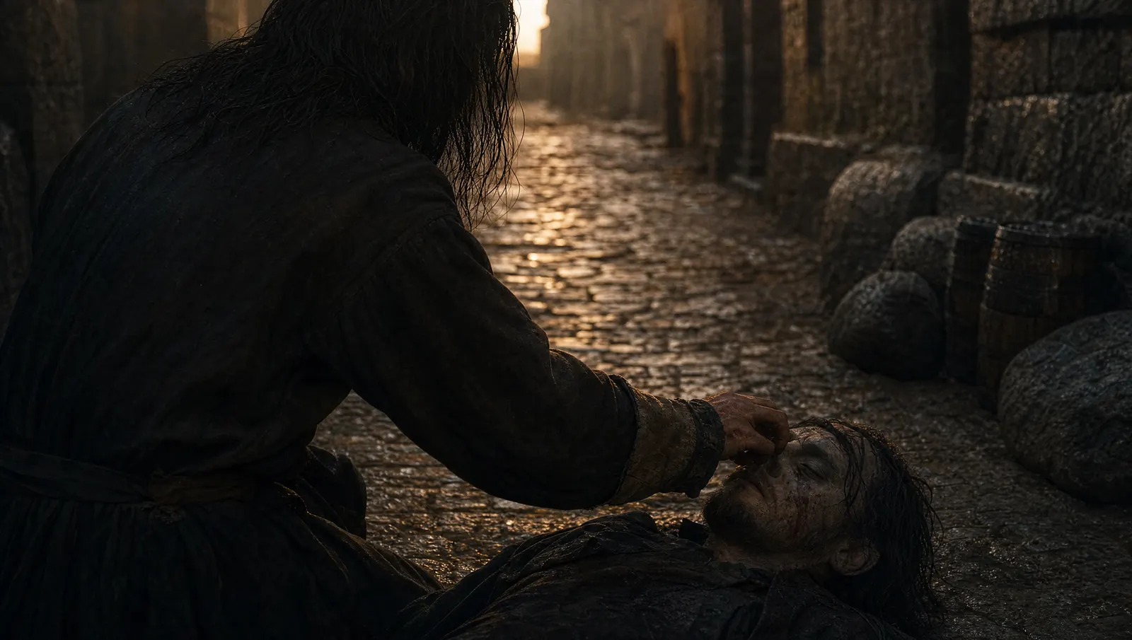 A figure kneels over a man on wet cobblestones at dawn, hands on his face