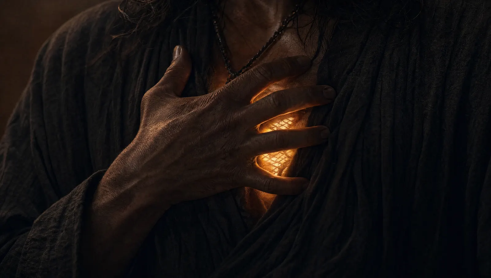 A hand pressed to a chest, amber light bleeding through the fingers