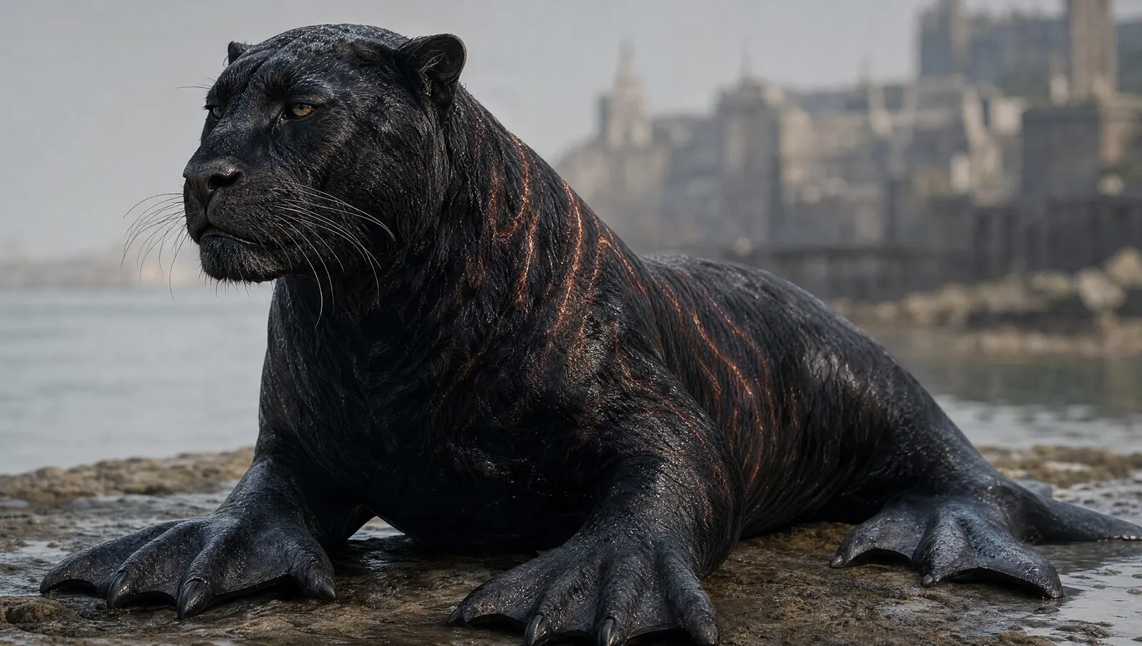 Puddle, a panther seal with oil-black fur and faint red dorsal stripes, on wet rock with the Wharf behind