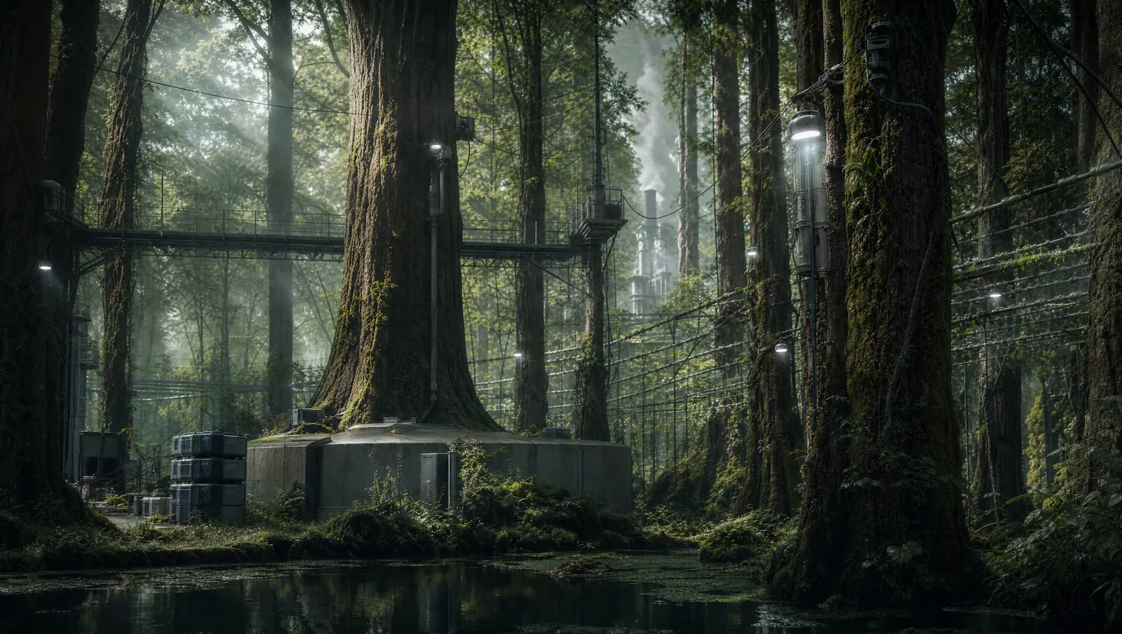 A Lati grove at dawn, colossal trunks and hanging moss over still water