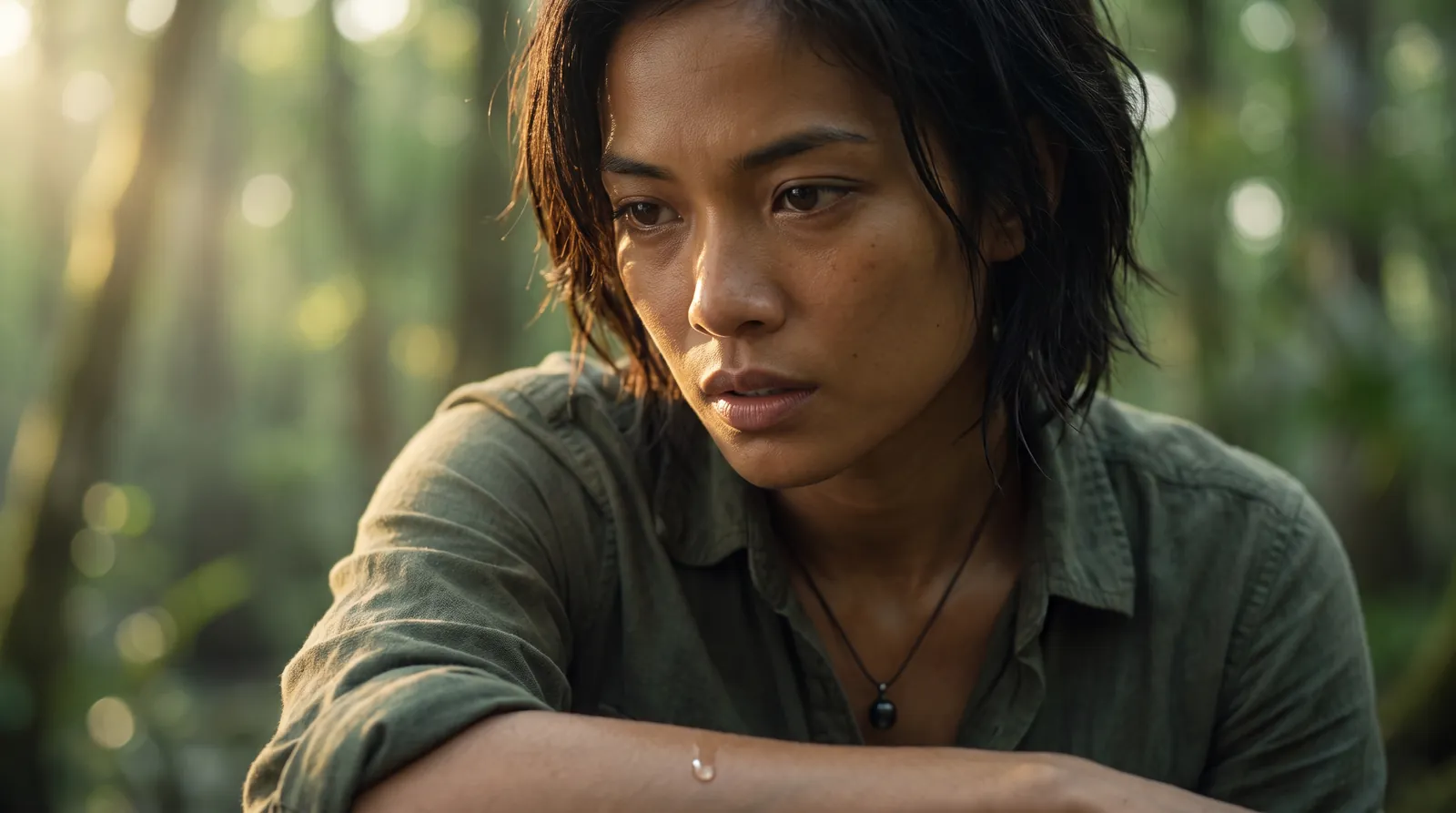 Tala, in green forest light, arms folded, looking away from the camera