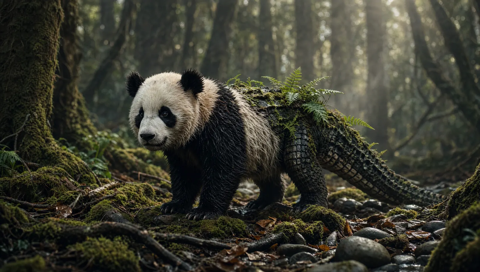 Ube Taro, a pandagator cub with a panda's face and a mossy armored back, on a forest floor